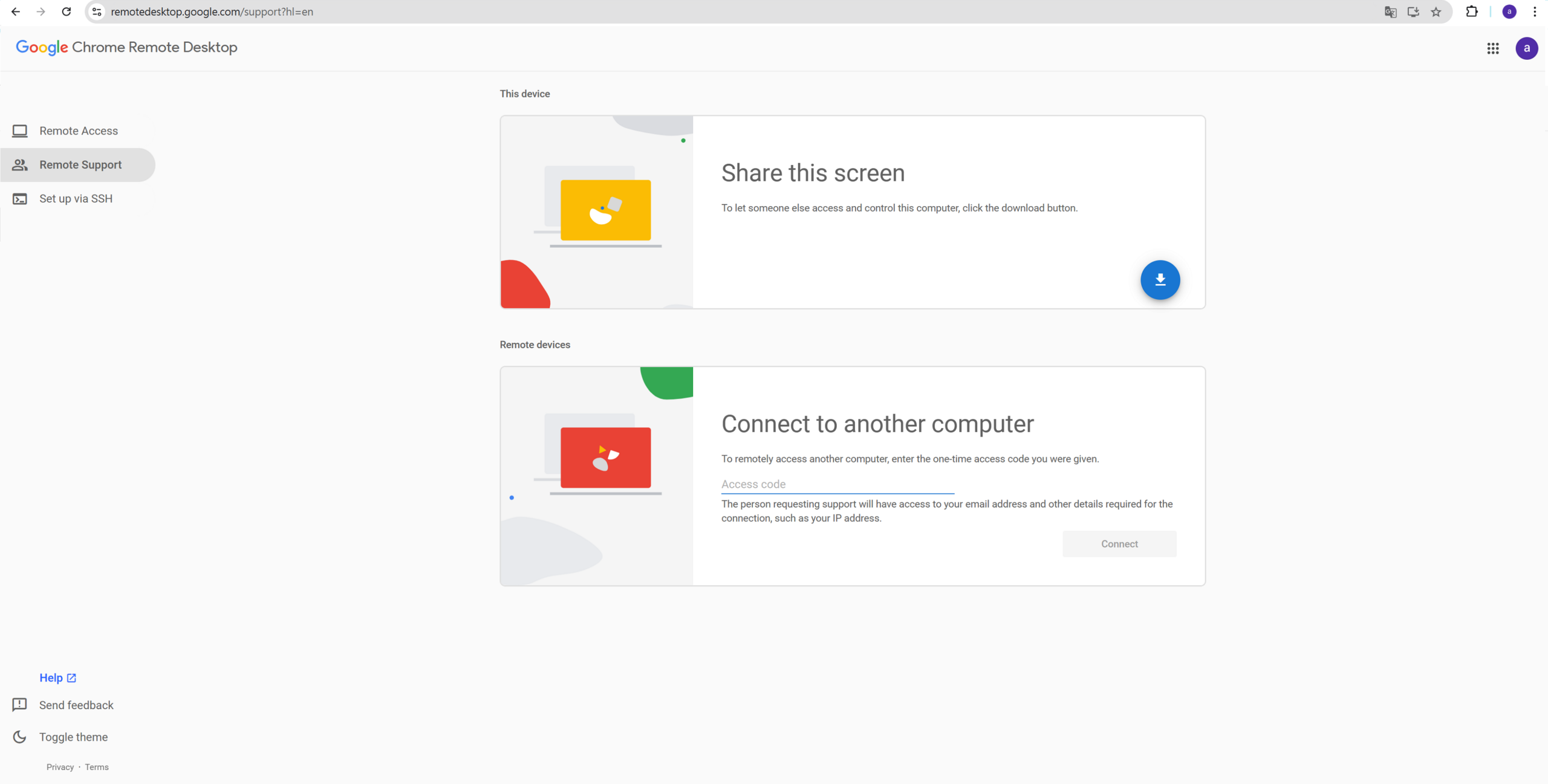 Screenshot 1: The Google Chrome Remote Desktop /support page after loading. Shows the navigation sidebar with 'Remote Access' and 'Remote Support' tabs (the latter selected), and the main area with two sections: 'This device' (containing 'Share this screen') and 'Remote device' (containing 'Connect to another computer').